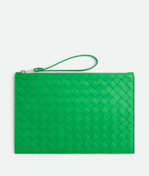 Bottega Veneta Large Intreccio Grained Nahkaiset Miesten Pouches Vihreä | SN-BTGV595580