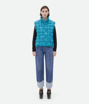 Bottega Veneta Pehmustettu Nylon Intreccio Gilet Naisten Takit Sinivihreä | SN-BTGV594187