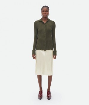 Bottega Veneta Silk Cashmere Ribbed Cardigan Naisten Neuleet Khaki | SN-BTGV594144