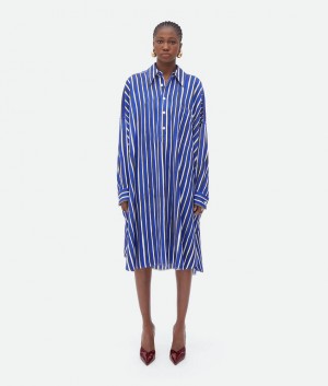 Bottega Veneta Stripe Print Viscose And Silk Naisten Mekko Sininen Mustat | SN-BTGV593895