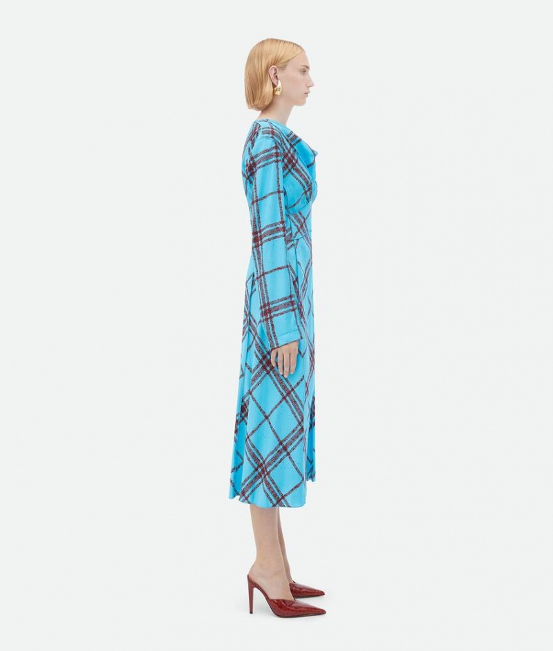 Bottega Veneta Check Print Viscose And Silk Naisten Mekko Sininen Viininpunainen | SN-BTGV593886