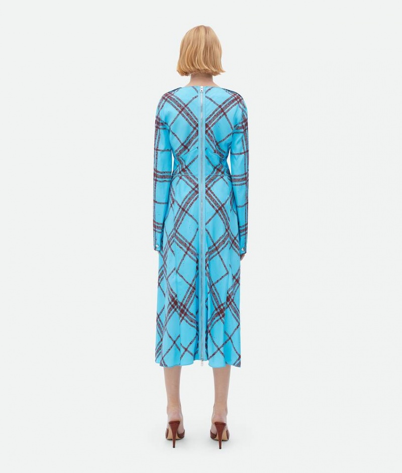 Bottega Veneta Check Print Viscose And Silk Naisten Mekko Sininen Viininpunainen | SN-BTGV593886