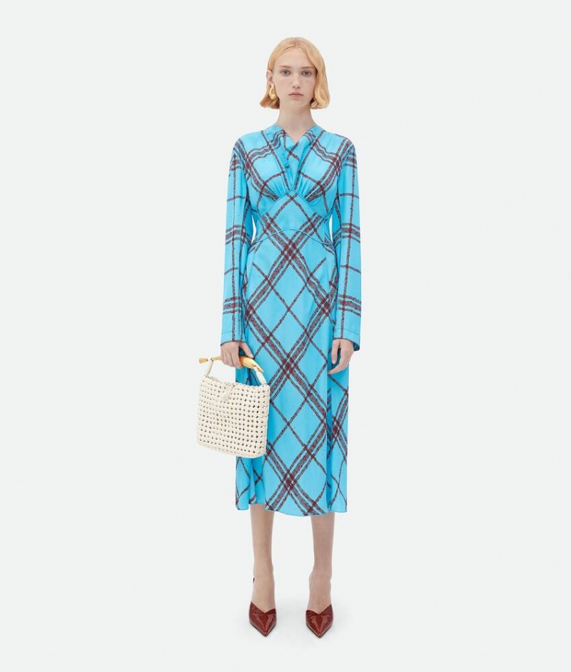 Bottega Veneta Check Print Viscose And Silk Naisten Mekko Sininen Viininpunainen | SN-BTGV593886