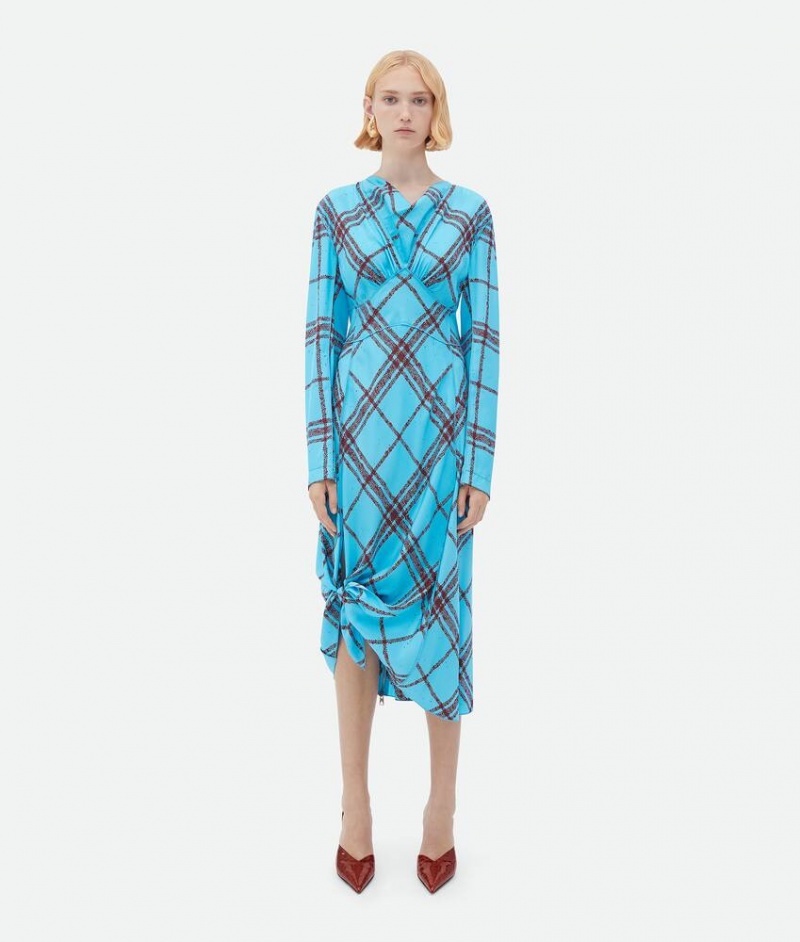 Bottega Veneta Check Print Viscose And Silk Naisten Mekko Sininen Viininpunainen | SN-BTGV593886