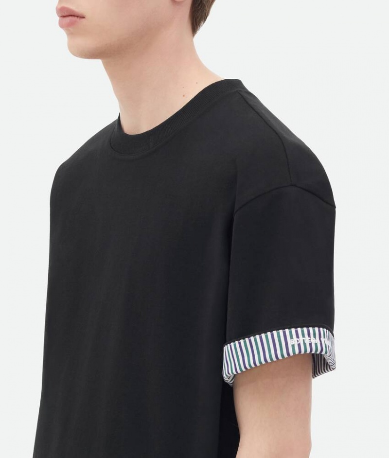 Bottega Veneta Double Layer Raidallinen Puuvilla Miesten T-Shirts Mustat | SN-BTGV595219