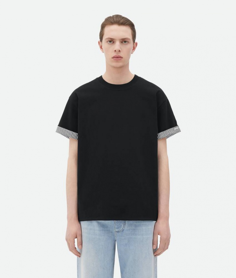 Bottega Veneta Double Layer Raidallinen Puuvilla Miesten T-Shirts Mustat | SN-BTGV595219