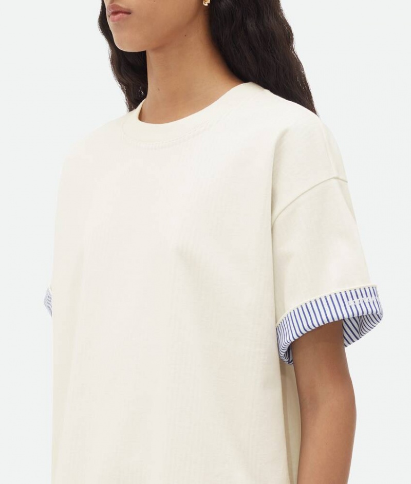 Bottega Veneta Double Layer Raidallinen Puuvilla Naisten T-Shirtss Valkoinen | SN-BTGV594100