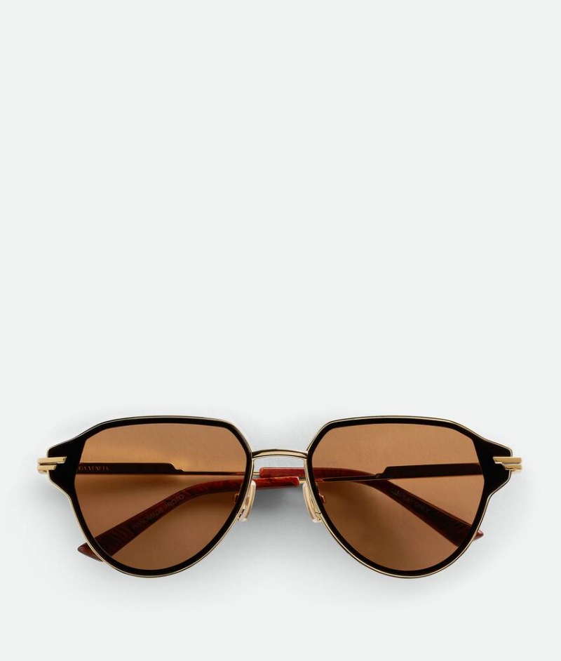 Bottega Veneta Glaze Metal Aviator Miesten Aurinkolasit Kultaiset Ruskea | SN-BTGV595849