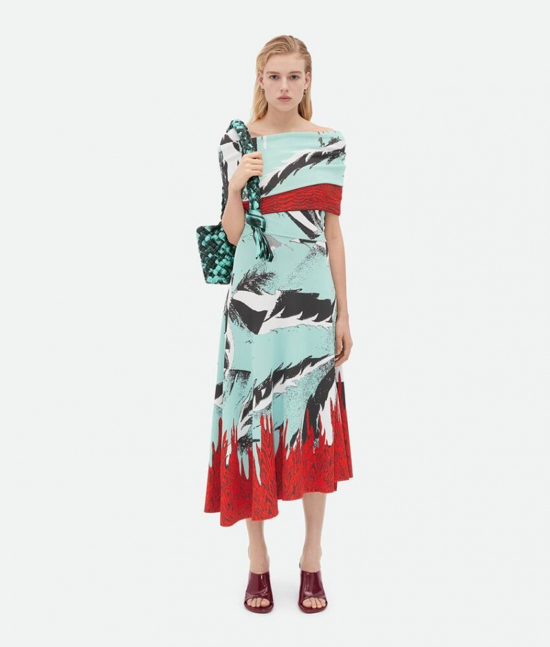 Bottega Veneta Graafinen Viscose Jacquard Asymmetric Midi Naisten Mekko Vihreä | SN-BTGV593927