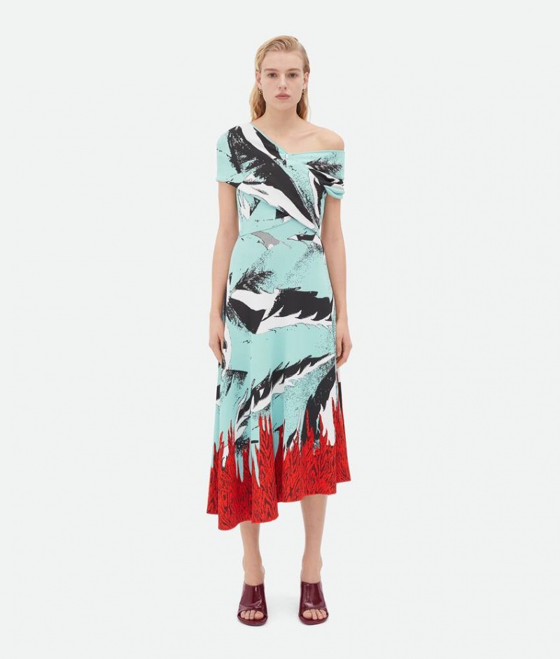 Bottega Veneta Graafinen Viscose Jacquard Asymmetric Midi Naisten Mekko Vihreä | SN-BTGV593927