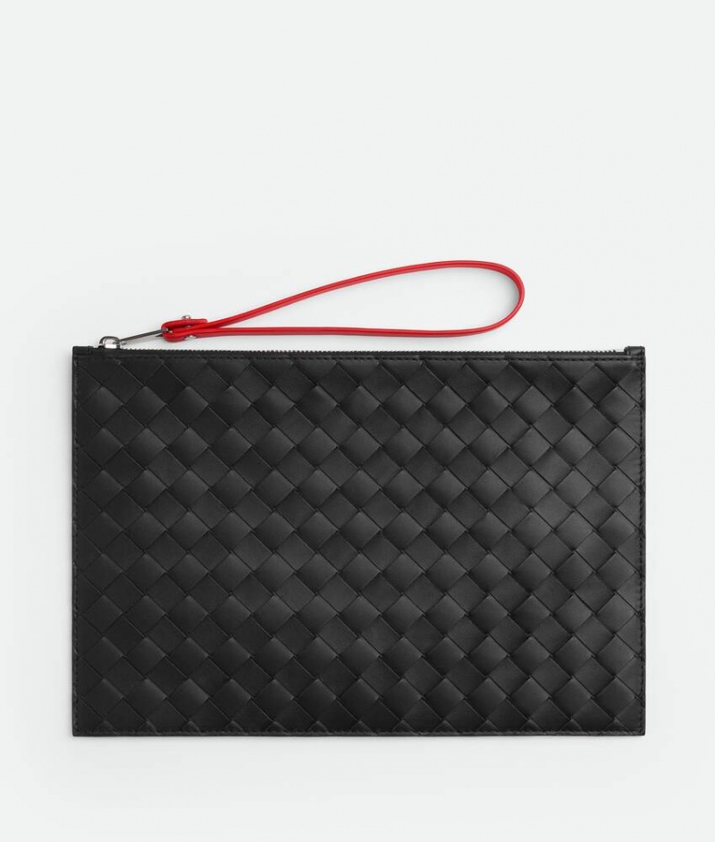 Bottega Veneta Large Intreccio Grained Nahkaiset Miesten Pouches Mustat | SN-BTGV595579