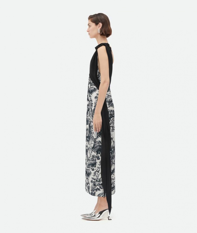 Bottega Veneta Printed Silk Long Naisten Mekko Mustat | SN-BTGV593915