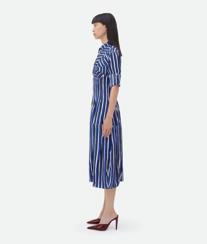 Bottega Veneta Stripe Print Viscose And Silk Naisten Mekko Sininen Mustat | SN-BTGV593894