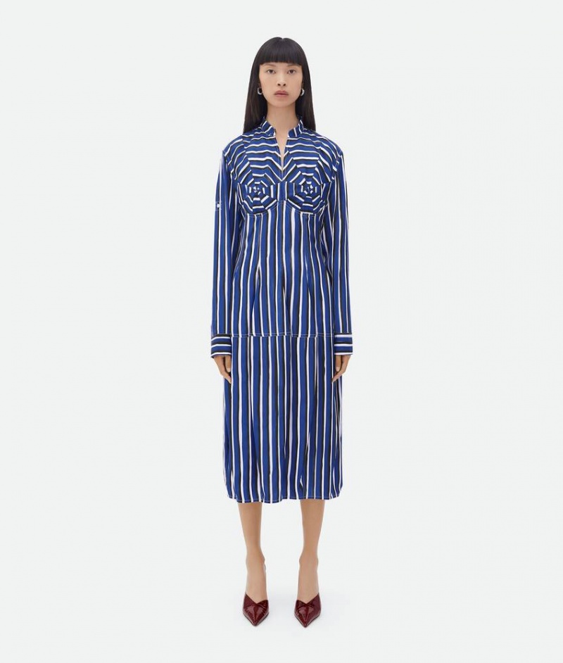 Bottega Veneta Stripe Print Viscose And Silk Naisten Mekko Sininen Mustat | SN-BTGV593894