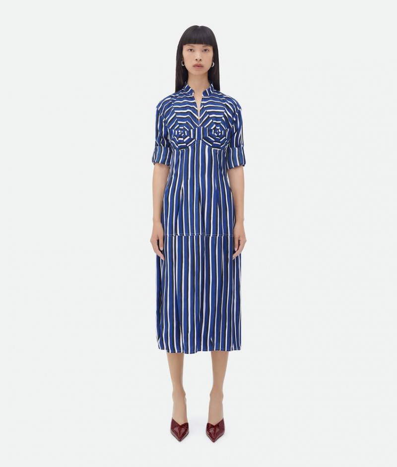 Bottega Veneta Stripe Print Viscose And Silk Naisten Mekko Sininen Mustat | SN-BTGV593894